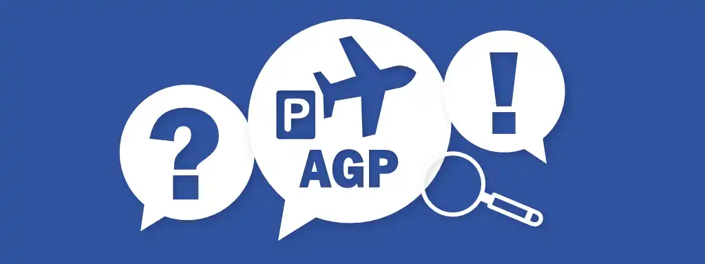Sprechblasen mit Fragezeichen, Ausrufezeichen und Park-Symbol mit Flugzeug und AGP – häufige Fragen zum Parken am Flughafen Malaga