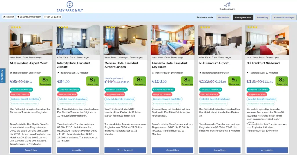 Preisbeispiel Parkplatz mit Hotel-Übernachtung bei der Anreise am Flughafen Frankfurt