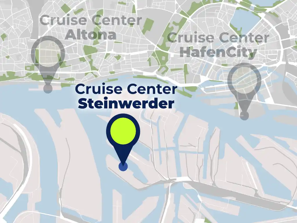 Mapa ogólna terminali wycieczkowych w Hamburgu: Cruise Center Steinwerder na południe od Łaby w porównaniu z Altoną i HafenCity.
