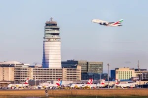 Flughafen Wien: Tower, Terminals, Flugzeuge und Flugzeug in der Luft - easy park and fly
