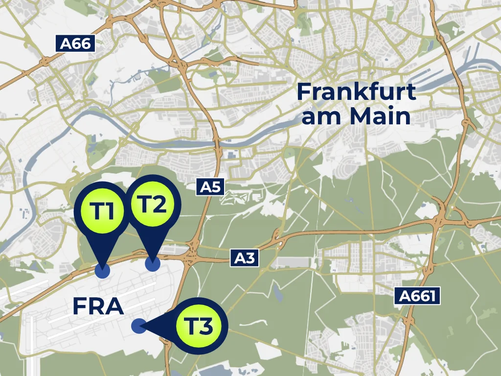 Lage der Terminals am Flughafen Frankfurt: Die Anfahrt und das Parken an den Terminals P1, P2 und P3 ist nicht ohne Tücken.