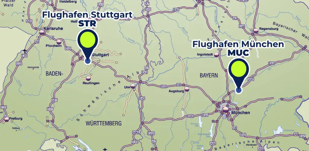 Die A8 verbindet die Flughäfen Stuttgart und München | Karte von easy park and fly