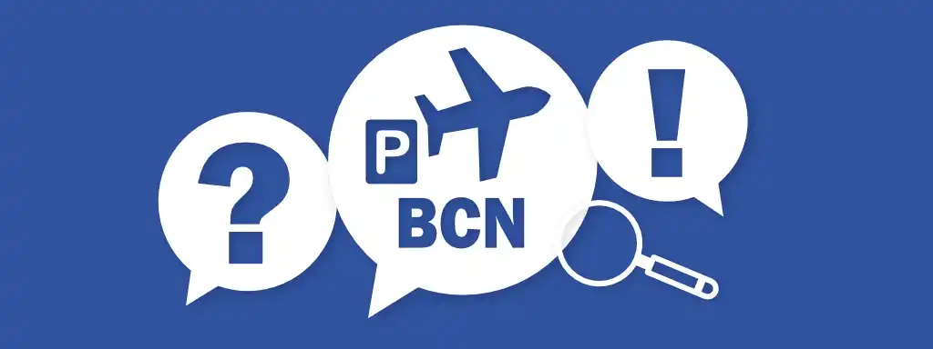 Sprechblasen mit Fragezeichen, Ausrufezeichen und Park-Symbol mit Flugzeug und BCN – häufige Fragen zum Parken am Flughafen Barcelona