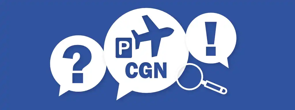 Speech bubbles with question mark, exclamation mark and parking symbol with plane and CGN – frequently asked questions about Cologne Bonn Airport parking