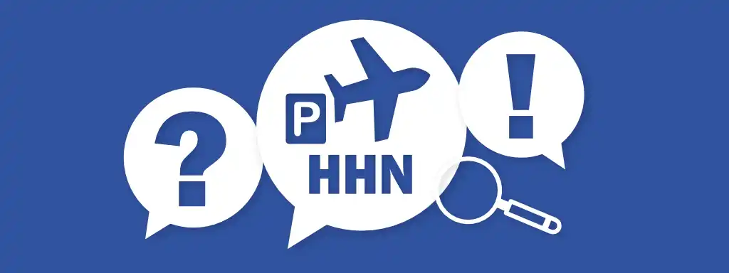 Sprechblasen mit Fragezeichen, Ausrufezeichen und Park-Symbol mit Flugzeug und HHN – häufige Fragen zum Parken am Flughafen Frankfurt-Hahn