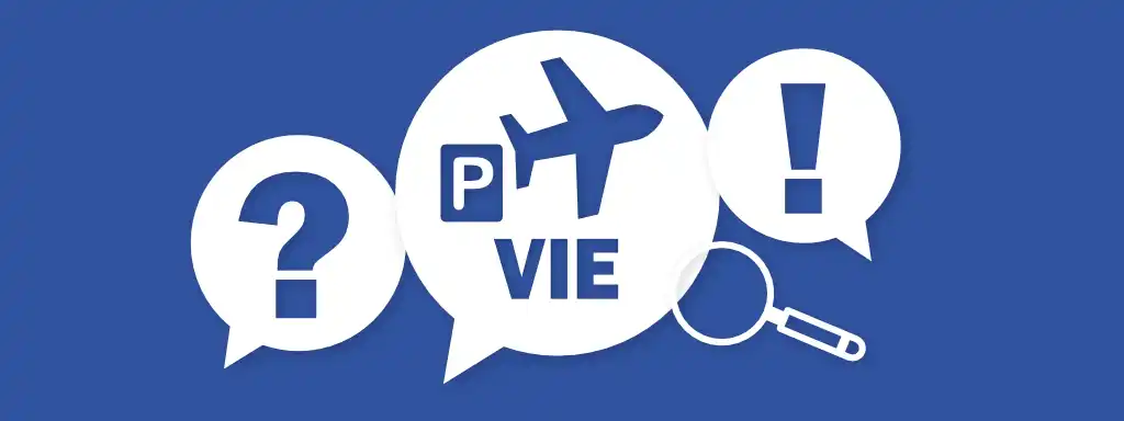 Sprechblasen mit Fragezeichen, Ausrufezeichen und Park-Symbol mit Flugzeug und VIE – häufige Fragen zum Parken am Flughafen Wien